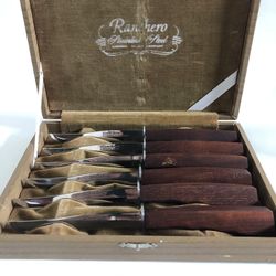 Vtg Ranchero Steak Knives 4.5in Blade Wood Handle-6pieces in Velvet Lined Box