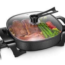 12 Inch Deep Non Stick Electric Skillet, Electric Frying Pan with Adjustable Temperature Control, Heat Resistant Handles and Non-stick Coating Easy to