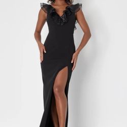 Lulu’s Sensational Upgrade Black Sleeveless Ruffled Column Maxi Dress 