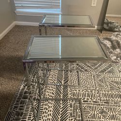 Set of 2 Modern Glass & Chrome C-Shaped End Tables