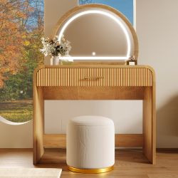 HOMY CASA Modern Wood Makeup Vanity Table with Lighted Mirror 39" Natural