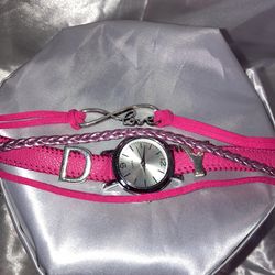 Fashion Pink Leather Watch Love Charm Bracelet