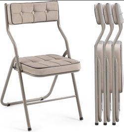 E194-Padded Folding Chairs 4 Pack - Foldable Dining Chair with Cushion, Portable and Assembled Extra Seat for Guests Kitchen Office Wedding Party Khak