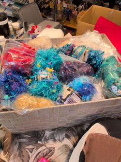 MOVING SALE- HUGE BOX OF FUNKY YARN AND RIBBON AND MISC. FIBER ART SUPPLIES