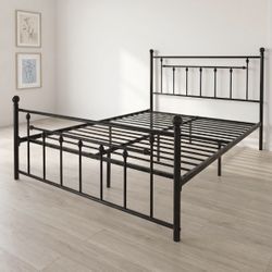 Metal Platform Bed Frame with Victorian Vintage Headboard & Footboard Black Queen Size 