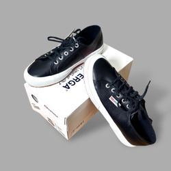 Superga 2750 Women’s Black White Nappa Leather Classic Sneakers Sz Eur 37.5 US7