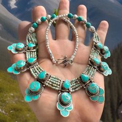 Stunning & vintage indo/tibet ethnic tribal handcrafted necklace with inlay turquoise set in silver & turquoise 132grams
