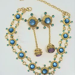 A Set Of Gold Blue Necklace Choker And Drops Earrings Gift