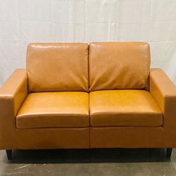 Loveseat 2 Seater Sofa, Small Couch, Camel Faux Leather *Free Delivery*
