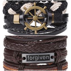 2 x Set Adjust. Size up to 9.5inc Leather Bracelet, (Ship Rudder-Forgiven)