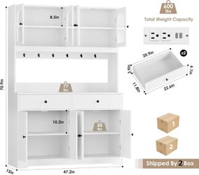 🥨HIFIT 71" LED Kitchen Pantry Cabinet with Power Outlet, Large Kitchen Hutch Storage Cabinet with Arched Door & Shelves & 2 Drawers, Tall Modern Coff