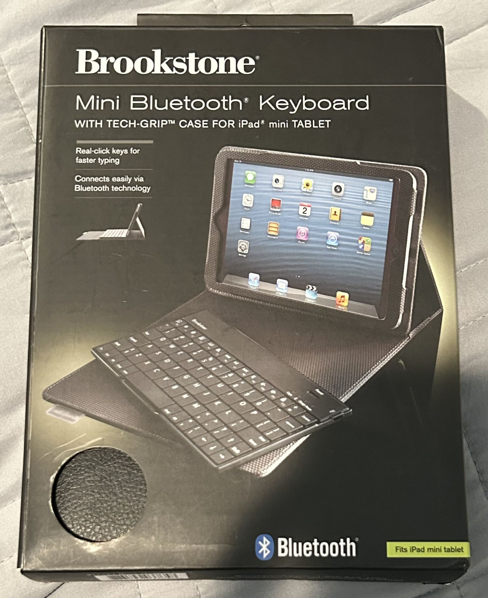 BRAND NEW IN BOX BROOKSTONE MINI BLUETOOTH KEYBOARD W/ TECHGRIP CASE FOR APPLE IPAD MINI TABLET