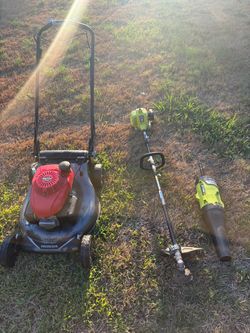 Honda Lawn Mower + RYOBI Weed Eater & Blower Attachment Bundle