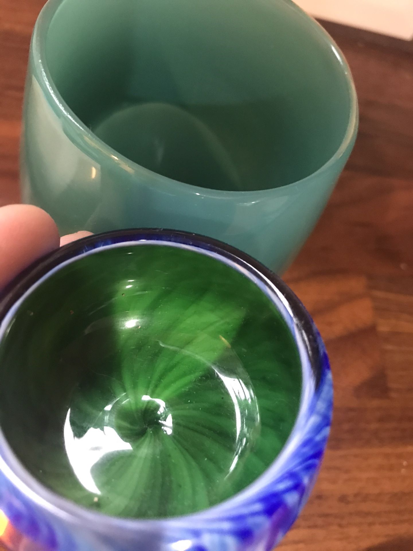 Glassybaby Aqua Verde turquoise green blue yellow hand blown glass votive candle holder🕯
