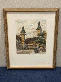 Original c1950 Austrian Aquatint Etching "Landhaushof in Klagenfurt" signed
