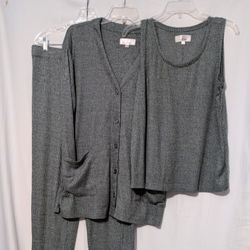 Cuddl Duds 3 Piece Set Ribbed Knit Gray Tank Cardigan Pants 14 - 16