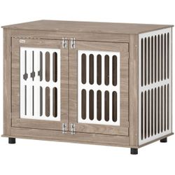 PawHut 39" Dog Crate Furniture with 2 Doors, Adjustable Non-slip Foot Mats, for Large Dogs, Walnut Brown
