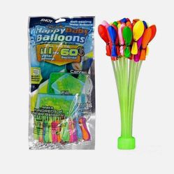 Party Balloons water balloon packs. Each bag contains 111 self-sealing balloons across 3 bunches. These connect directly to a hose for quick 