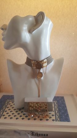 Handmade from fabric choker and bracelet with jewelry and beads