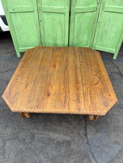 Rustic Solid Carved Pine Wood Coffee Table with Carved Base
