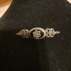 Vintage Sterling Silver With Onyx And Crystals Brooch 