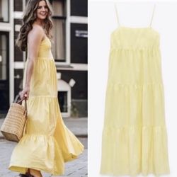 Zara Bloggers Favorite Buttery Yellow Tiered Lined Babydoll Midi Dress, size XS