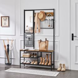 Hall Tree with Shoe Bench, Coat Rack with Mirror & Storage Bag, Entryway Bench with Shoe Storage Shelves, Metal Frame, for Hallway Bedroom Living Room