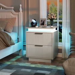 New Nightstand with LED Lights, End Table with 2 Drawers and Waveform Panel, Night Stand with Handles, for Bedroom and Apartment, White  New in box V-