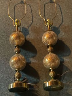 💡VINTAGE 1960s HOLLYWOOD REGENCY CLEAR CRACKLE GLASS OVER GOLD GLITTER MURANO TABLE LAMPS👀
