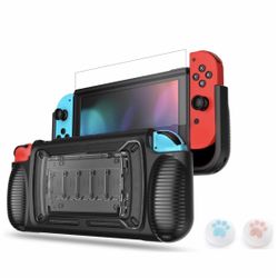 LeyuSmart Upgrade Grip Case for Nintendo Switch, Protective Cover & Tempered Glass Screen Protector & Thumb Caps, Ergonomic Design Comfortable Handhel