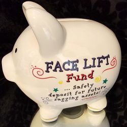 $15.00 - PIGGY BANK, Whimsical & Dainty "Face Lift Funds" Savings!  Ceramic/Like New!