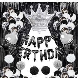 Black Birthday Party Decorations with Black and White Balloons, Paper Pom,o2,