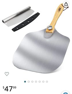 12 inch non-stick Aluminum Pizza Peel for Oven with Foldable Wooden Handle and Metal Rocker Cutter with Protective Cover Set Pack