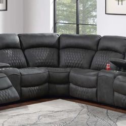 Brand New Grey Leather Power Reclining Sectional Sofa