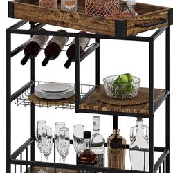 Bar Cart Wine Glass 3 with Basket Tier Home Rolling Rack with Wheels Mobile Kitchen Industrial Vintage Style Wood Metal Serving Trolley Serving Cart,G