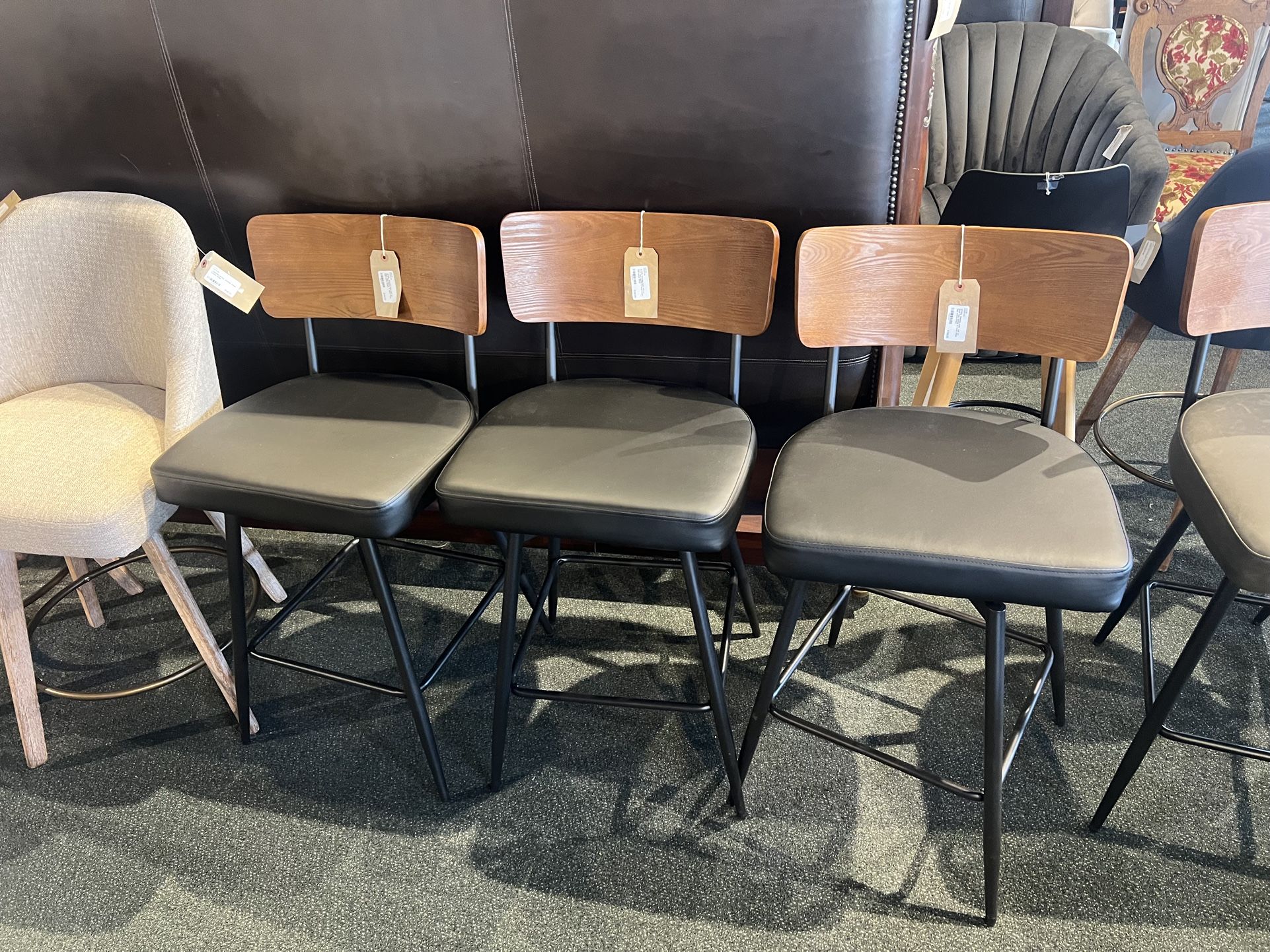 Counter Stool: Wooden Back Rest W/ Black Faux Leather & Black Metal Legs Swivel Counter Stool SKU X9UKWX
