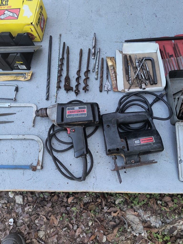 EVERYTHING IN PICTURES TAKE ALL,1/2" REV.DRILL& JIG SAW,DRILLS BITE,MITER BOX NEW, FILES,SNIPES,PULLERS,- MORE, NEED GONE TODAY!