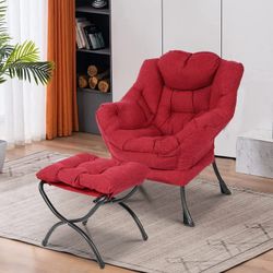 Modern Cotton Fabric Lazy Chair with Ottoman, Accent Contemporary Lounge Chair, Upholstered Single Leisure Sofa Chair with a Side Pocket, Armrests and