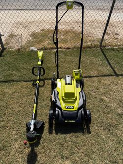 RYOBI 40V 18-inch push lawn mower with string trimmer, (1) 4Ah battery, and (1) charger.