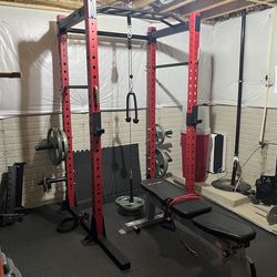 Ethos weight rack, cage, chin up bar.