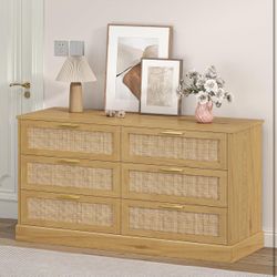 Rattan 6 Drawer TV Stand for Bedroom, Solid Wood White TV Stands & Chest of Drawers with Wide Storage Cabinet, Vinatge Wood Chest of Drawers with Wide