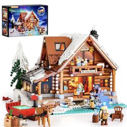 Aurora-Cabin Christmas Lighting-Building-Bricks Set - 2425 Pcs Retro House Winter Lodge LED Light Construction Building Christmas Village Model Set fo