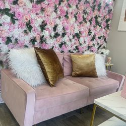 Small Pink Two-Seater Loveseat Sofa w/ 4 Accent Pillows