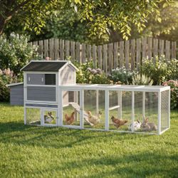 Gray Wooden Chicken Coop, Large Outdoor Hen House with Run and Nesting Box Poultry Cage, Rabbit Hutch, Waterproof Anti-UV Panel for Backyard