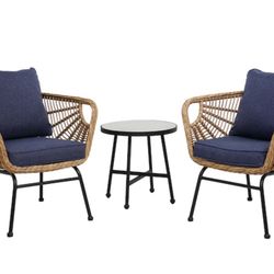 3-Piece Wicker Patio Conversation Set with Blue Cushions