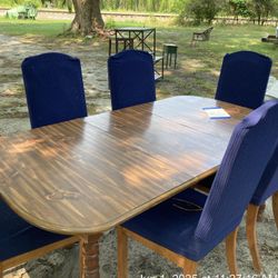 Table & 6 High back Chairs Blue Covers One Leaf