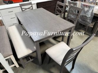 NEW 6 Piece Dining Set Formal Casual Grey Wood Gray Finish Modern Contemporary Table and Chair Bench Small Living Room Space Saving Kitchen Apartment