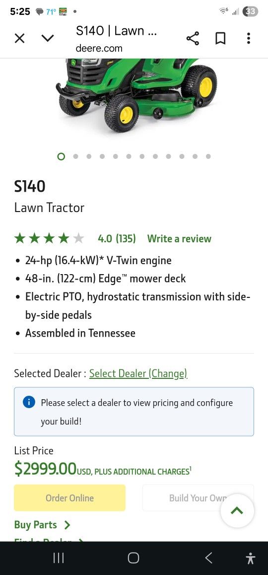 John Deere S140 RIDING MOWER