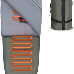 Teenager Tight Fit Heated Sleeping Bag with 12V Battery, Mummy Style, No-Snag Zipper with Adjustable Hood, Camping Cold Weather