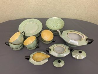 Vintage Art Deco Victoria Czechoslovakia Green Lusterware Tea Set – Partial (1930s)